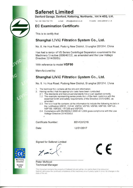 Porcellana Shanghai LIVIC Filtration System Co., Ltd. Certificazioni